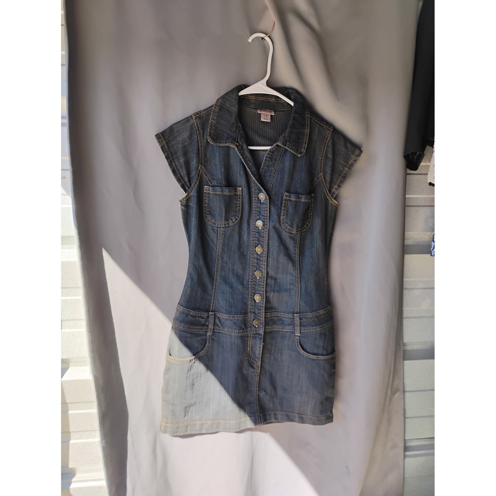 Mossimo Supply Co Dark Wash Denim Button Front Mini Dress Cap Sleeve Blue Medium